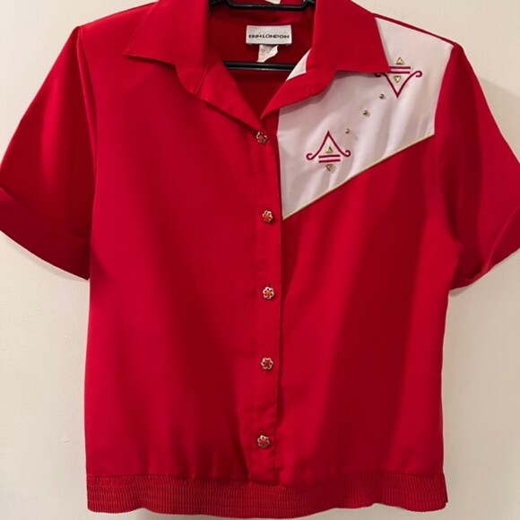 VTG ERIN LONDON Red Button Up Ribbed Hem Short Sleeve Top Size Sm P - Picture 3 of 11